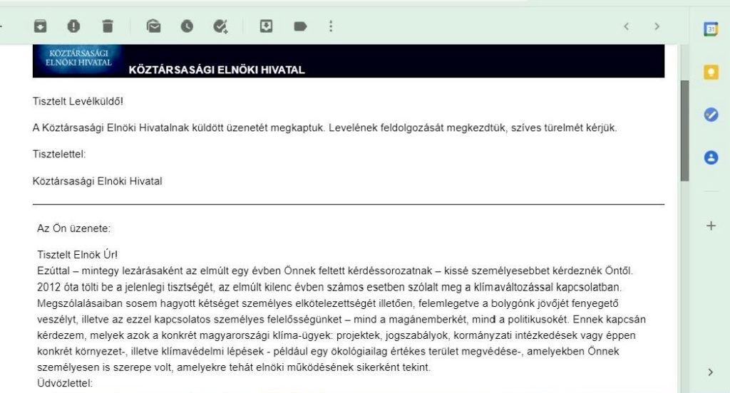 Áder János, Köztársasági Elnök válasza