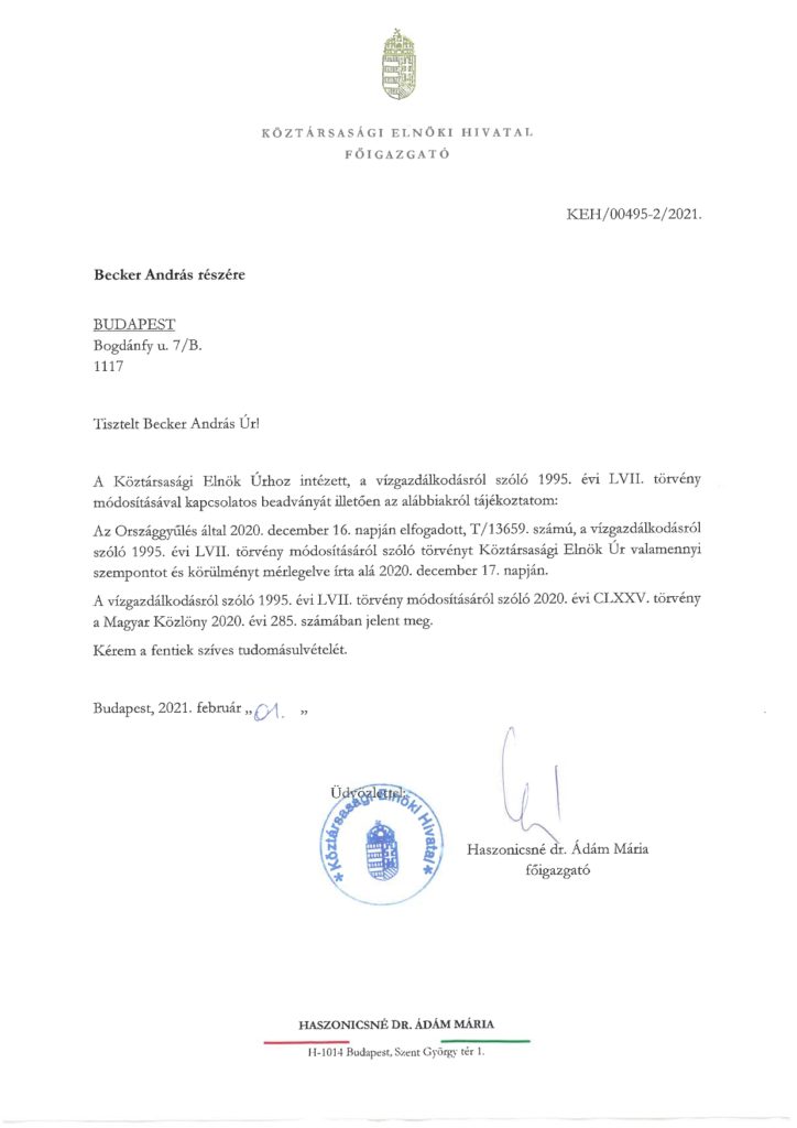Áder János, Köztársasági Elnök válasza