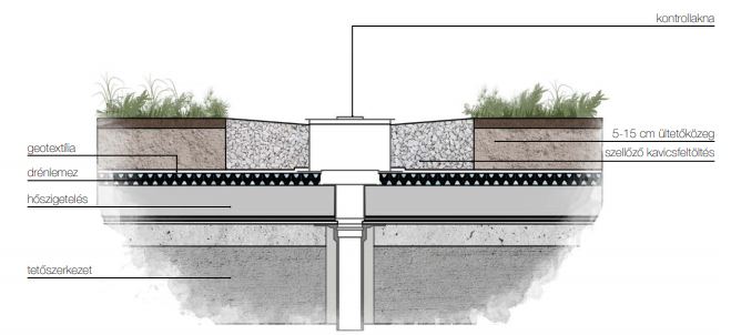 Extenzív zöldtető működési ábrája. Kép forrása: Zöldinfrastruktúra füzetek 3./leptek.hu