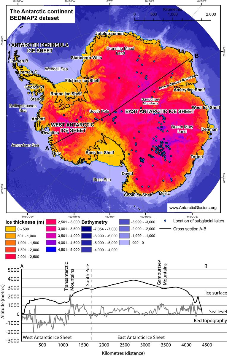 Kép: A jégtakaró vastagsága a néhány métertől a több kilométerig terjedhet az Antarktiszon.