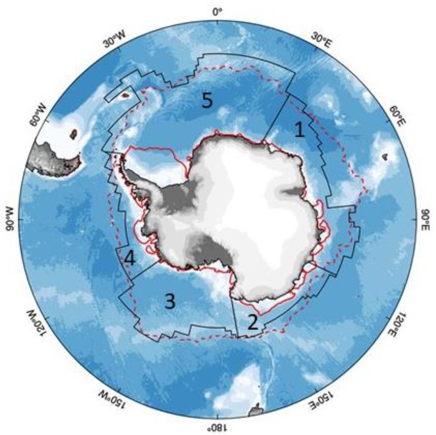 Kép: Az antarktiszi jégtakaró maximális (szaggatott vörös vonal) és minimális (folyamatos vörös vonal) kiterjedése.